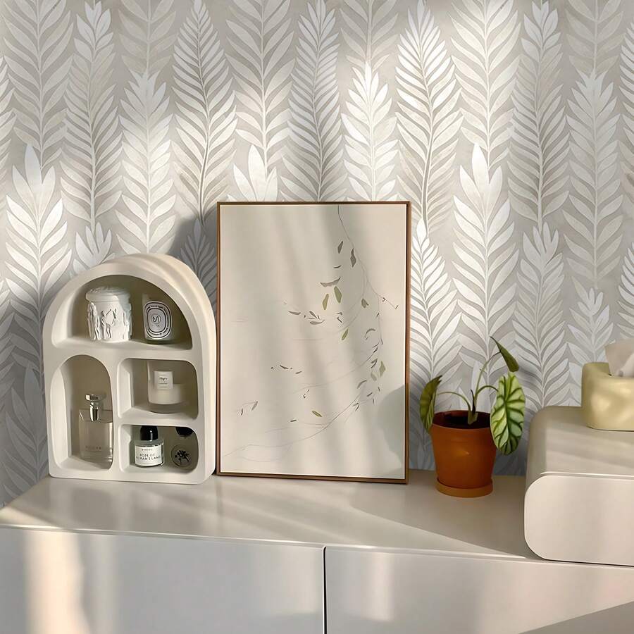 1 Roll Beige Bohemian Leaf Pattern Textured Wallpaper, PVC Self-Adhesive Wall Sticker, Waterproof & Moisture Proof Floral Design, Removable & Reusable, Easy To Install & Clean, Suitable For Living Room, Kitchen, Bedroom, Dining Room And Furniture Decor, Seamless Splicing - Multicolor - View 1