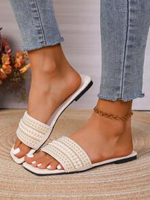 Women's Slide Sandals With Rhinestones, Casual Versatile Outdoor Plastic Flat Sandals - White - View 5