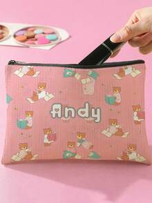 1pc Customizable Name/Text Cute Bear Pattern Double-Sided Printed Travel Portable Cosmetic Storage Bag Zipper Makeup Pouch, Suitable For Teenage Skin Care Storage, Can Be Customized Based On Your Name - Multicolor - View 3