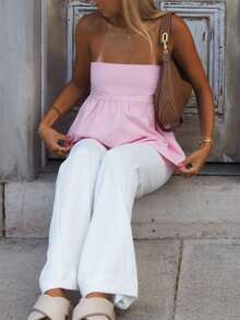 Women Summer Flowy Tube Top Y2k Solid Color Strapless Off The Shoulder Loose Fit Babydoll Bandeau Crop Tops Backless Sleeveless Going Out Tops Vests Shirts Casual Streetwear - 粉色 - 查看 5