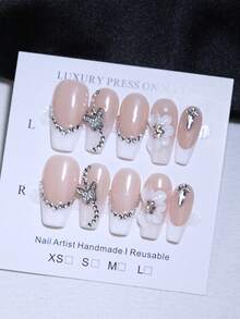 10 móng giả dáng dài vừa, chạm khắc hoa 3D thủ công 100%, màu trắng và màu mơ, kiểu Pháp, đính đá lấp lấp và hình bướm, móng giả tái sử dụng, sản phẩm làm móng nghệ thuật dành cho phụ nữ và bé gái. - Màu be - Xem 13