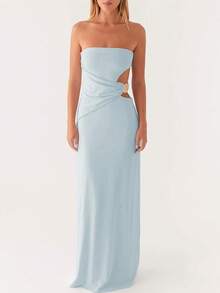 Women Sexy Cut Out Maxi Dress Y2k Hollow Out Spaghetti Strap Backless Long Bodycon Dresses Sleeveless Porm - 藍色 - 查看 1