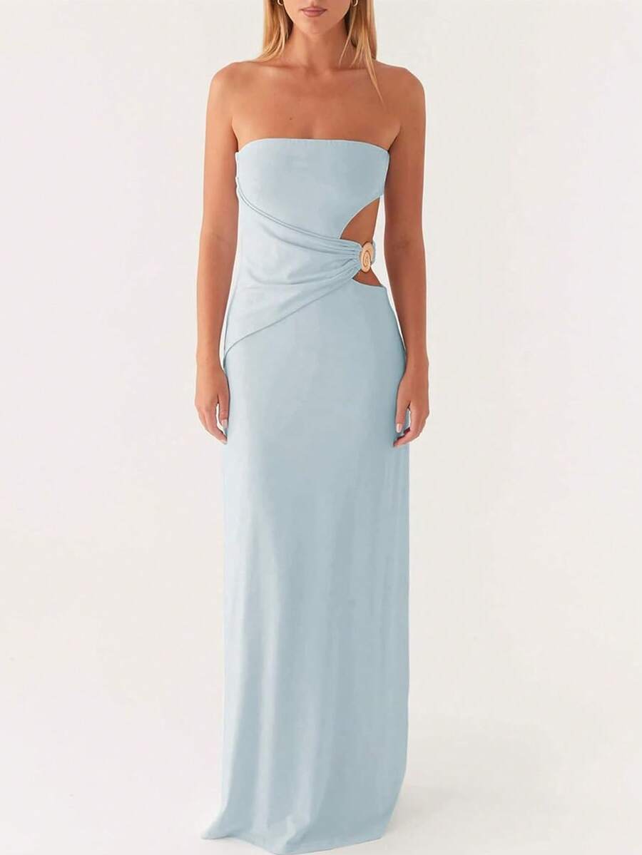 Women Sexy Cut Out Maxi Dress Y2k Hollow Out Spaghetti Strap Backless Long Bodycon Dresses Sleeveless Porm - 藍色 - 查看 1