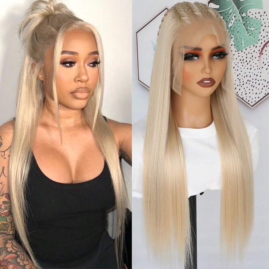 13X6 Platinum White Synthetic Lace Front Wigs 28 Inch Pre Plucked Long Straight Hair Wigs Glueless White Wigs Heat Resistant Fiber Hair Natural Halloween Wigs Platinum Blonde Lace Front Wigs For Women For Daily Christmas Party Cosplay Use - Light Blonde - 查看 1