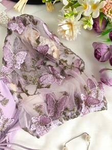 1pc Cute Butterfly Ditsy Floral Puff Sleeve Drawstring Tie Crop Top Corselet For Women