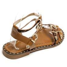 Western Style Flat Sandals With Crescent-Shaped Straps And Decorative Buckles - Camel - View 5