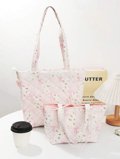 1 Peça Sacola de Ombro Estampada Floral Acolchoada de Grande Capacidade, Sacola Floral Estampada Grande, Sacola para Passeios Curtos, Sacola de Ombro de Grande Capacidade, Bolsa de Mão com Zíper Acolchoada, Sacola Multifuncional na Moda para Mulheres para o Dia a Dia, Bolsa de Viagem, Bolsa para Ir ao Trabalho