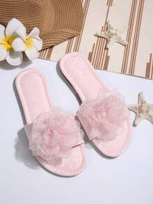 French Flower Decor Flat Slip-On Slippers For Women, Summer Outdoor Wear New Fashion Sandal Suitable For Date, Shopping, Party