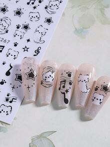 2 件装可爱猫咪音乐音符星星 3D 指甲贴纸黑色卡通可爱图案动物指甲贴花 DIY 自粘滑块指甲用品女士女孩美甲装饰