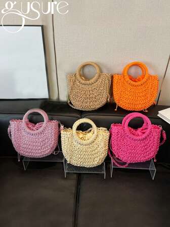 波西米亚风格草编手提包高品质多功能购物袋适合旅行和度假夏季女士手工包沙滩编织女士草编包包裹式沙滩包月亮形顶部提手手提包手提袋