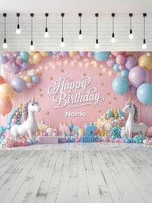 1pc Customizable Name Pink Unicorn Balloon Star Birthday Backdrop Banner, Polyester Marathon Pink Pattern Shooting Background, Back To School - Multicolor - View 2