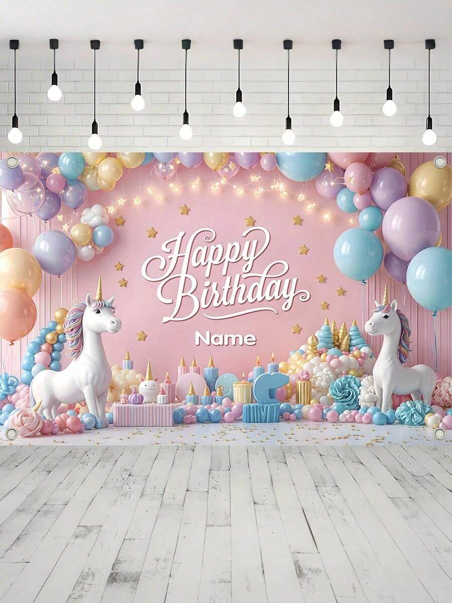 1pc Customizable Name Pink Unicorn Balloon Star Birthday Backdrop Banner, Polyester Marathon Pink Pattern Shooting Background, Back To School