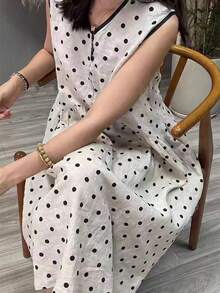 一件式无袖波点连衣裙法式复古亚麻毕业礼服女士优雅夏季新款海滩度假休闲太阳裙 - 淺灰色 - 查看 1