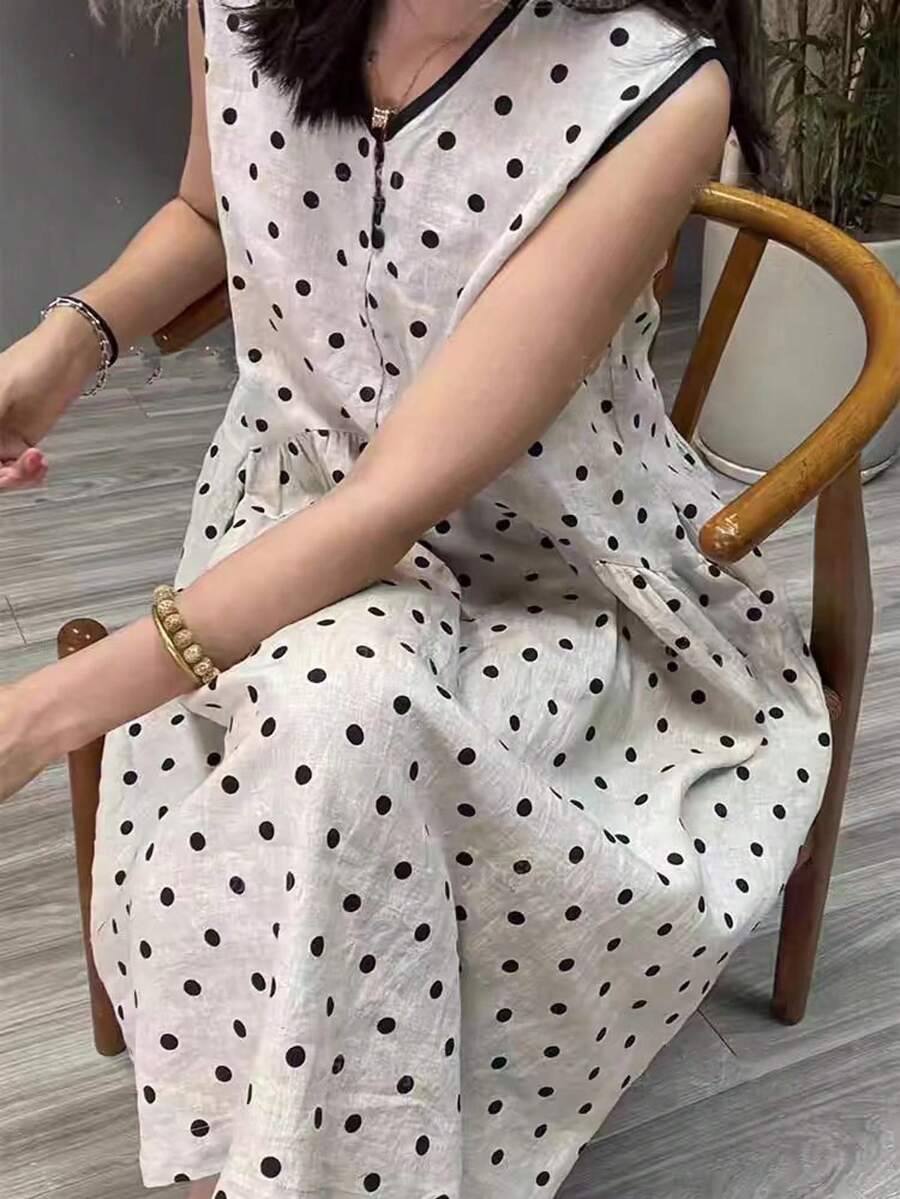 一件式无袖波点连衣裙法式复古亚麻毕业礼服女士优雅夏季新款海滩度假休闲太阳裙 - 淺灰色 - 查看 1