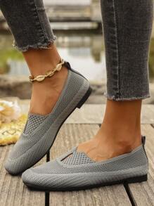 2025 New Knitted Flat Square Toe Mesh Sneakers For Women, Casual Sports Slip-On Lightweight Loafers