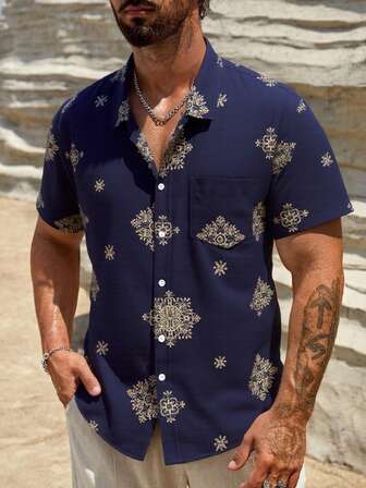 轻薄男士休闲刺绣衬衫，春夏款，适合海滩度假和休闲穿着