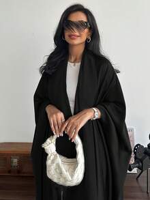 中东风格全长宽袖宽松纯色长袍，带头巾 - 黑色 - 查看 6