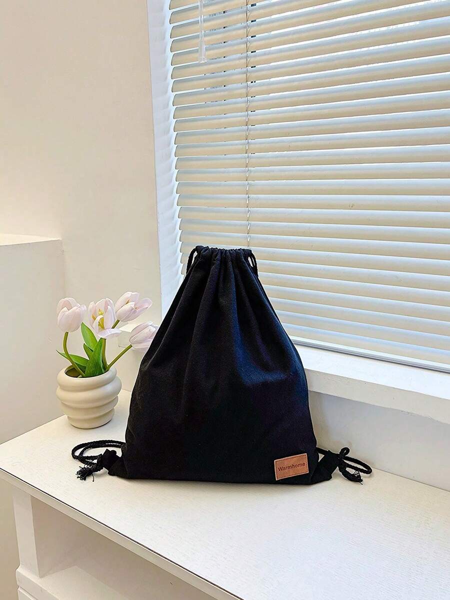 New Canvas Backpack, Shoulder Strap & Drawstring Pocket Design, Shopping/Student Bag, Bookbag - Black - View 1