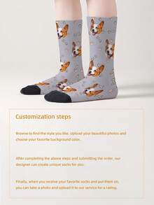 1 Pair Custom Face Print Crew Socks, Cute Doggy Design Personalized Socks For Girls & Boys, Fun Customized Graphic Doggy Crew Length Socks, Suitable For Everyday, Holidays, Birthdays, Gifts And Other Occasions - Multicolor - View 4