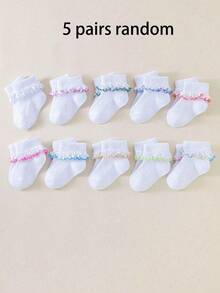 5 Pairs Baby Girls' Princess Lace Ruffle Fashion Versatile Breathable Socks, Suitable For Baby Girls' Daily Casual Wear, Random Color - Multicolor - View 1