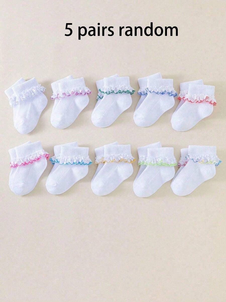 5 Pairs Baby Girls' Princess Lace Ruffle Fashion Versatile Breathable Socks, Suitable For Baby Girls' Daily Casual Wear, Random Color - Multicolor - View 1