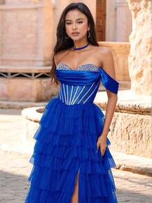 Sparkly Crystal Formal Evening Gowns With Puffy Slirt High Slit Ball Gowns Prom Party Gowns For Women Elegant Wedding Guest Dress, For Graduation, Dinner - Royal Blue - View 9