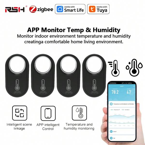 RSH 4-teiliger intelligenter Tuya Zigbee-Temperatur- und Feuchtigkeitssensor, hängender Mini-Smart-Sensor, unterstützt Alexa-Sprachsteuerung (Tuya Zigbee-Gateway erforderlich), batteriebetrieben, geeignet für Zuhause, Lagerhaus, Büro und mehrere Szenen.