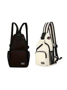 多口袋单肩背包，休闲尼龙斜挎包，旅行徒步背包，带拉链肩带 - 彩色 - 查看 18