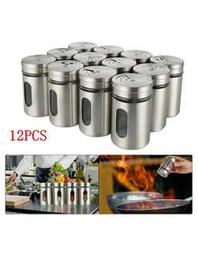 6pcs/12pcs Stainless Steel Seasoning Jar Set With Glass Container - Stylish & Durable Spice Jars For Holding Salt, Pepper And Spices, Ideal For Home Cooking And Grilling