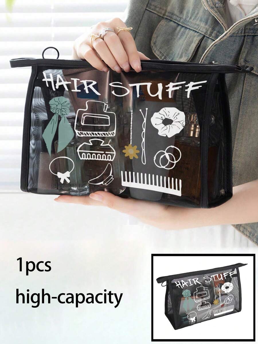 Large Capacity Black Mesh Makeup Bag - Lightweight, Portable Cosmetic Organizer For Travel & Toiletries, Toiletry Travel Bag,1pc Patterns Mesh Nylon Pattern Women's Portable Makeup Bag Make Up Bag - Black - View 1