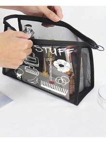 Large Capacity Black Mesh Makeup Bag - Lightweight, Portable Cosmetic Organizer For Travel & Toiletries, Toiletry Travel Bag,1pc Patterns Mesh Nylon Pattern Women's Portable Makeup Bag Make Up Bag - Black - View 7