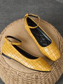 Women's Fashion Square Toe Slip-On Casual Loafers, Versatile Yellow Flats, Outdoor Wear, High-End Charm For Spring/Summer, Office, Party, Wedding, Ankle Strap, Checkered - Yellow - View 5