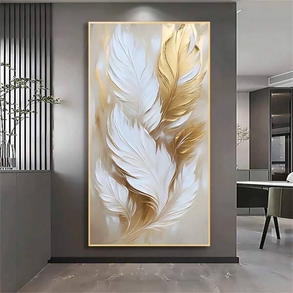 1pc Canvas Painting Art, Modern Light Luxury Feather, Golden Foil Abstract Decoration Painting, Perfect Home Decoration Gift, Wall Art, Suitable For Living Rooms, Dining Rooms, Bedrooms, Offices, Bathroom Corridors, Bars, Corridors, Frameless