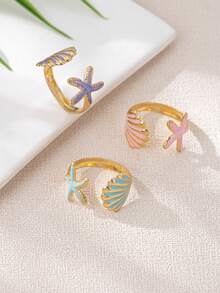 3 件套海滩度假风格海星和贝壳开口戒指，独特的时尚设计，适合日常佩戴 - 彩色 - 查看 10