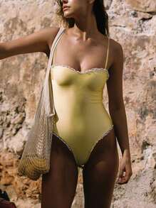 Women One-Piece Swimsuit Lace Trim Padded Monokini Swimwear Beach Bathing Suit - 黃色 - 查看 2