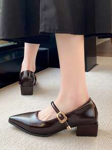 法式尖头玛丽珍棕色高跟鞋，2025春夏新款系带舒适休闲粗跟百搭时尚正装鞋