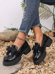 Women's Fashion Versatile Casual Shoes, Bow Decor, Thick Sole Loafers, College Student Shoes, Office Lady Shoes, All Season Flats, Solid Shoes - Black - View 5