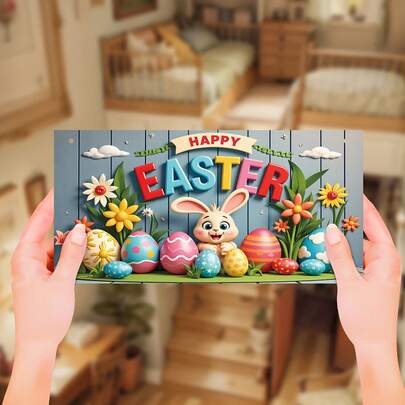1pc Charming 3D Cartoon Easter Bunny Wall Hanging - Rustic Wooden Sign With Colorful Eggs And Fresh Flowers, "Happy Easter" Greeting - Vintage Style Home And Event Decor, Rabbit Accessory