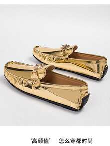 2025 Spring New Shoes Gold Penny Loafers, Slip-On Men's Casual Shoes, Korean Style Versatile Footwear - Gold - View 3