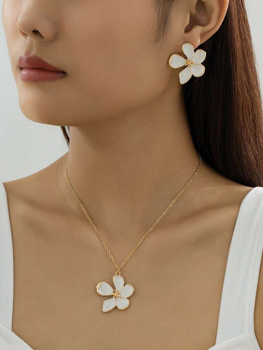 2 件套珐琅釉面花卉吊坠项链和耳环套装，简约、优雅、时尚，适合母亲节礼物、派对、宴会和日常佩戴