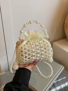 1pc Girls Pearl Drawstring Closure Cute Handbag White Beaded Crossbody Bag, Suitable For Spring/Summer - White - View 5
