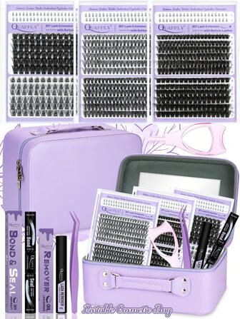 720 件 C/D 卷曲便携式化妆套装睫毛套装带下睫毛延长套装 - 多种款式，单根睫毛（包括睫毛粘合剂、密封剂、卸妆液、镊子、睫毛膏保护液） - 初学者 DIY 套装睫毛簇套装、睫毛、假睫毛