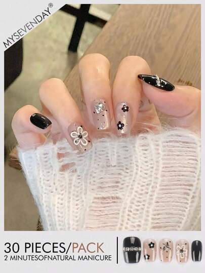 30 Pieces Of Short Coffin Shaped Pressed Fake Nail Patches, Black Floral French Style Women'S Fingernail Patches, Fingertips, Paired With 1 Piece Of Jelly Glue And 1 Piece Of Rubbing Strip, Suitable For Women'S Parties, Dances, Daily Casual Wear, Detachable And Reusable Wear Press On Nails Nail Supplies Nails