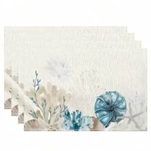 1/4/6/8/12 Pcs Linen Dining Table Placemats, Washable Ocean Seashell Printed Table Mats, Surface Protective Pads, Indoor Outdoor Dining Table Decor, Suitable For Holiday Parties & Kitchen
