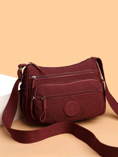 Casual Nylon Shoulder Bag, Adjustable Strap, Multilayer Compartments, Solid Color, Zipper Closure, Polyester Lining, Lightweight And Convenient Cross-Body Bag For Daily Use