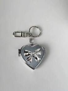 Silver Bow & Heart Shape Mirror Vintage Y2K Pendant, Handbag/Keychain Charm, Accessory - Silver - View 5