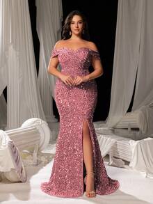 Faeriesty Curve Plus Elegant Sequin Off-Shoulder Mermaid Gown With High Slit - Shimmering Evening Wear For Red Carpet Events, Luxury Weddings, Glam Party Dresses & Formal Banquets - Bụi hồng - Xem 4