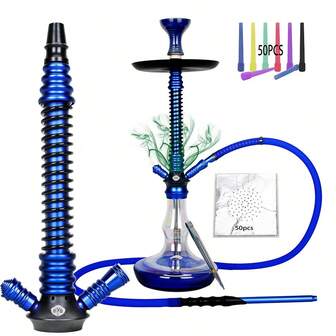 1pc Aluminum Alloy Hookah Pipe, Large Size With 50pcs Aluminum Foil Papers, 50pcs Disposable Long Mouthpieces, Silicone Hose, Aluminum Alloy Handle, Spring Cover, Clamp, Ceramic Bowl, Handblown Colored Glass Bottle
