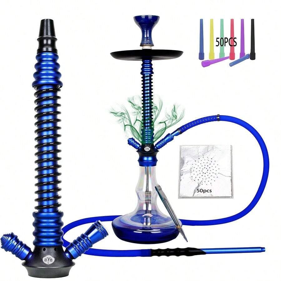 1pc Aluminum Alloy Hookah Pipe, Large Size With 50pcs Aluminum Foil Papers, 50pcs Disposable Long Mouthpieces, Silicone Hose, Aluminum Alloy Handle, Spring Cover, Clamp, Ceramic Bowl, Handblown Colored Glass Bottle - one-size - View 1