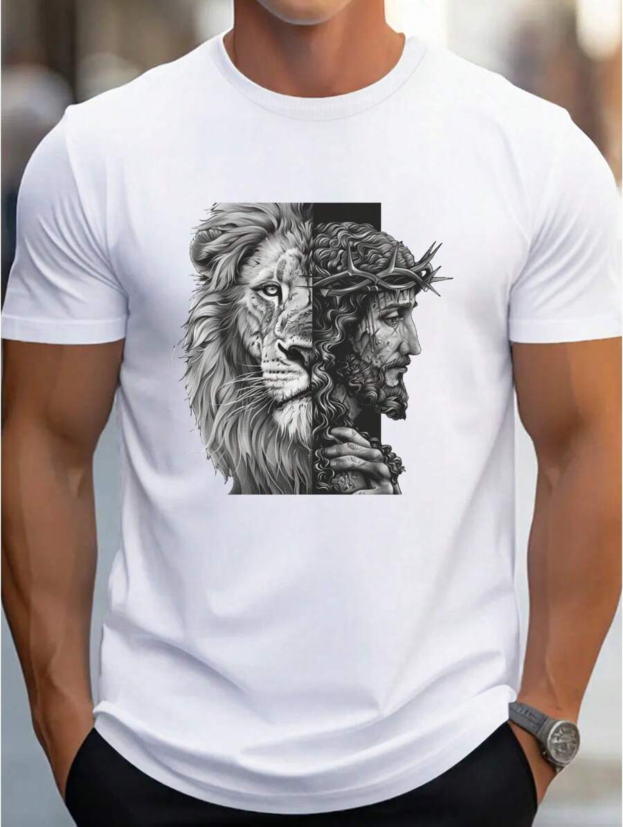 Printed 100% Pure Cotton Round Neck Shirt For Men With Street Style, Comfortable And Skin-Friendly Casual Sport Top Shirt - White - View 1